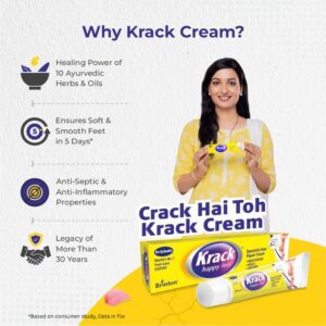Why Krack Cream infographic listing 10 Ayurvedic herbs and oils, 5-day results, anti-septic and anti-inflammatory properties, and a 30-year legacy, with the Crack Hai Toh Krack Cream tagline