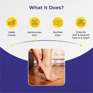What It Does infographic showing Krack Cream heals cracks, moisturizes skin, soothes feet, and ensures soft smooth feet in 5 days, alongside a photo of cream being applied to a heel