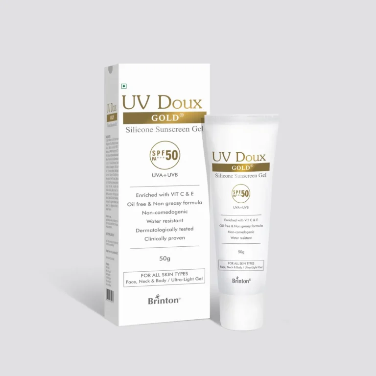 Brinton UV Doux Gold Sunscreen Gel | Enriched with Vitamin C & E | SPF 50 PA+++ | Broad-Spectrum UVA & UVB Protection | Ultra-Light Gel with Matte Finish | Non-Greasy & Water-Resistant | Clinically Proven & Dermatologist Approved | 50g