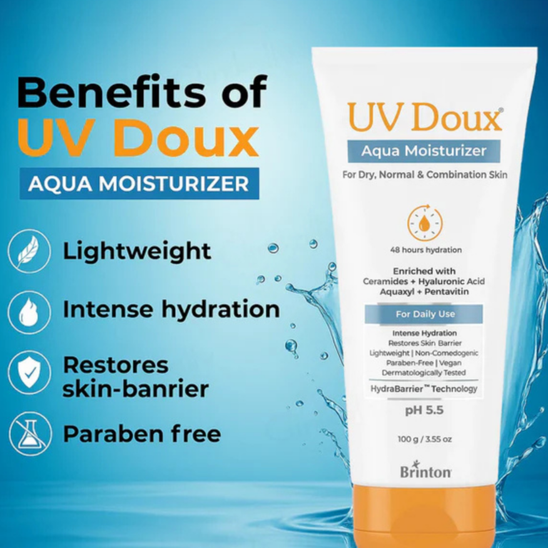 UV Doux Aqua Moisturizer for 48-Hour Hydration | With Aquaxyl, Pentavitin, Ceramides & Hyaluronic Acid | Deep Moisture, Restores Skin Barrier & Reduces Dryness | Lightweight, Non-Greasy – 100 g